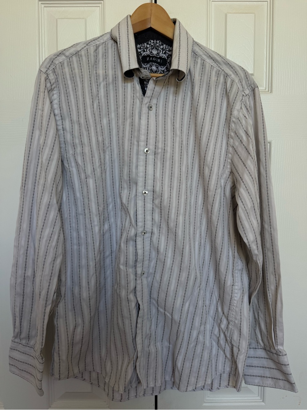 Zagiri Mens Luxury Cotton Woven Dobby Stripe Dress Shirt M Flip Cuff Gray